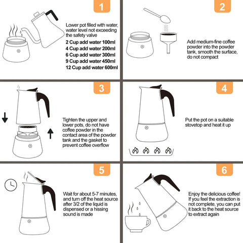 Instructions for Two Cup 100ml Stainless Steel Moka Pot Espresso Coffee Maker For Stovetop Brewing With Italian Classic Greca Style