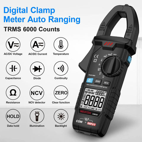 True RMS Clamp Meter Multimeter for AC/DC current voltage 600A 600V with TRMS 6000 counts display and various measure icons