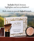 All In One Baked Starter Kit With Balance N Brighten Color Correcting Powder Foundation Best Of The Best Tuscan Dreams Full Face Palette And Retractable Angled Kabuki Brush For Flawless Day To Night Makeup displayed on a wooden tray.