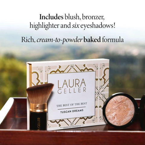 All In One Baked Starter Kit With Balance N Brighten Color Correcting Powder Foundation Best Of The Best Tuscan Dreams Full Face Palette And Retractable Angled Kabuki Brush For Flawless Day To Night Makeup displayed on a wooden tray.