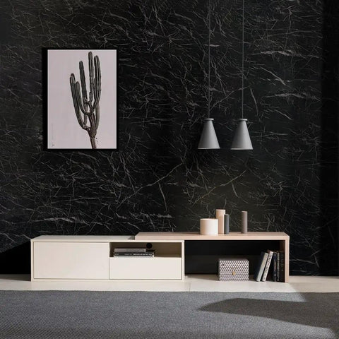 Black marble wall with artwork, modern cabinet, pendant lights, showcasing Marble Contact Paper Self Adhesive Waterproof PVC White Kitchen Countertop And Cabinet Liner Peel And Stick For Cabinets Drawers Tables Desks Shelves And Home Decor Removable 24x196 Inches decor.