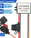 Garage Ready DC Buck Converter Step Down Power Module 17 To 60V To 12V Input Quick Swap features input/output specs and fuse.