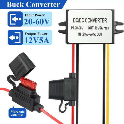 Garage Ready DC Buck Converter Step Down Power Module 17 To 60V To 12V Input Quick Swap features input/output specs and fuse.