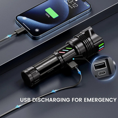 Ridiculously Bright 100000 Lumens USB C Rechargeable LED Flashlight used as power bank charging phone