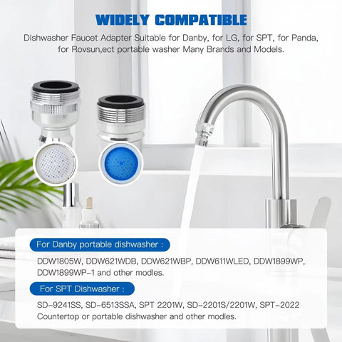 Two Pack Dishwasher Faucet Adapter Connector Straight Up Works With Portable Countertop Units, chrome finish, easy install, fits standard faucets.