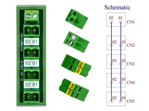 Compact 5x2 Pluggable Screw Terminal Block Distribution Module For DIN Rail Mount, 10A At 300V Per Channel, diagram visible
