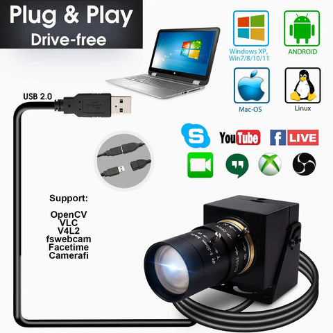 8MP USB Webcam With Manual Focus And Varifocal 5-50mm CS Mount Lens, 10x Zoom External Camera For Laptop And PC, UVC Plug And Play