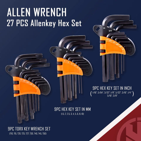 All In One 157-Piece Screwdriver And Repair Tool Kit With Ratcheting Wrenches Rubber Mallet Long Nose Pliers Magnetic Screw Retriever Files Hex Key Set Bit Adapters Pin Punches And More Allen Wrench 27 PCS Hex Set displayed