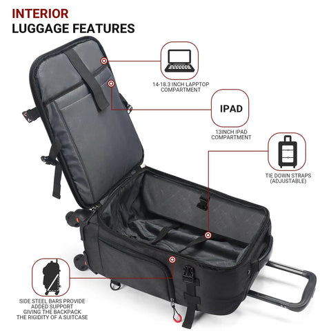 Open Underseat Roller Backpack With Wheels That Pass Airline Size Rules 18x14x8 displaying interior compartments