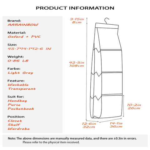 Product Information for 2 Pack Hanging Handbag Organizer for Closet with 8 Pockets, Light Gray, PVC material, dimensions and features.