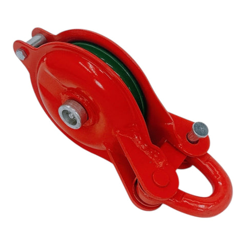 One Ton Snatch Block Pulley With Shackle, Heavy Duty Single Sheave 4 Inch Wheel, 2,200 Lb Working Load Limit, Red Powder Coat