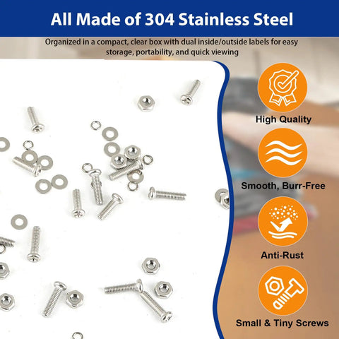 Ultimate Small Metric Screws And Nuts Assortment Kit For Arduino Electronics And RC DIY Projects 1670 Pieces 304 Stainless Steel M1 To M2.5 Phillips Pan Head Micro Screws With Nuts And Washers scattered on a table showing anti-rust properties.