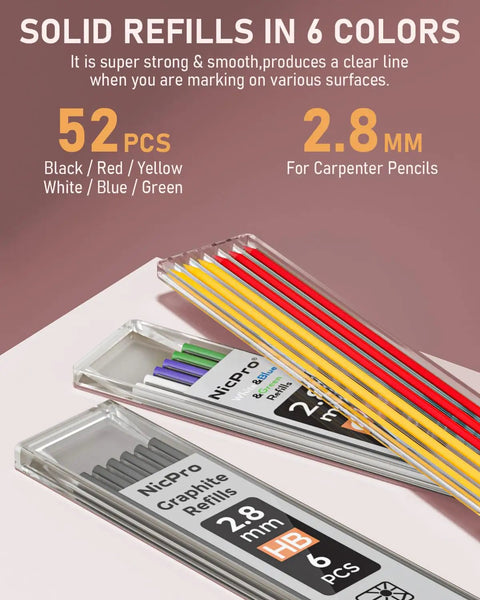 Solid refill packs for Four Pack Carpenter Pencils With Sharpener And 52 Refills, Pro Grade Mechanical Pencils for Woodworking in 6 colors