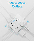 Super Sleek Flat Plug Power Strip With Ten Foot Extension Cord That Tames Cord Chaos And Fits Snug Behind Furniture Featuring Eight Wide Spaced Outlets And Four Fast Charge Ports Including Usb C For Stress Free Dorm Home Travel In White top view showing three wide side outlets and measured dimensions.
