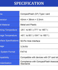 CompactFlash (CF) Type I card specifications including dimensions, materials, and temperature range for Built Different Rock Solid Compact Flash Memory Card 2GB Type I SLC NAND Industrial Grade Tough Storage For Vintage Cameras And Heavy Equipment Reliable FAT16 Format.