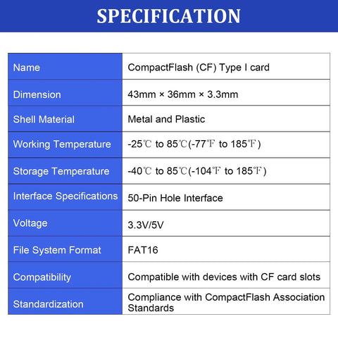 CompactFlash (CF) Type I card specifications including dimensions, materials, and temperature range for Built Different Rock Solid Compact Flash Memory Card 2GB Type I SLC NAND Industrial Grade Tough Storage For Vintage Cameras And Heavy Equipment Reliable FAT16 Format.