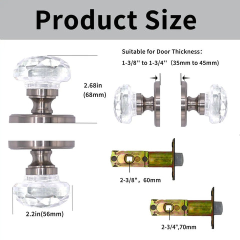 Diagram of Crystal Privacy Glass Door Knobs With Locking Mechanism In Silver Vintage Style Interior Door Handles For Bedroom And Bath No Fuss Privacy Turn Lock For Quick Lock And Unlock Modern Indoor Door Hardware Set showing dimensions and door thickness compatibility.