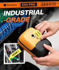 Hella Tough Industrial Label Printer Slick Portable Bluetooth 2 Inch Tape Cutter in use for labeling HDMI cables.