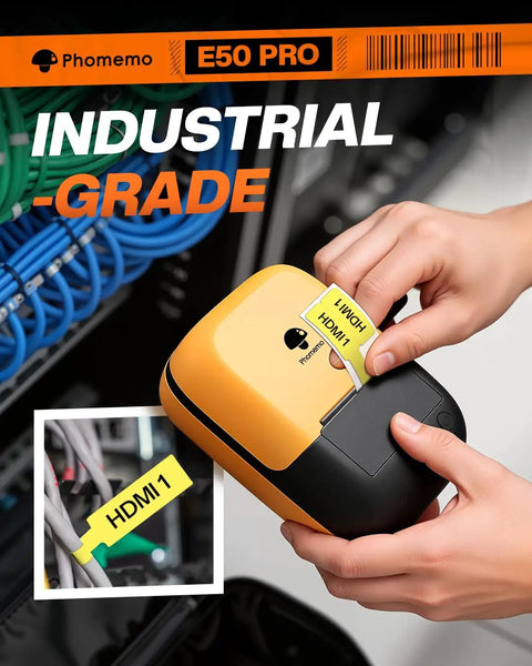 Hella Tough Industrial Label Printer Slick Portable Bluetooth 2 Inch Tape Cutter in use for labeling HDMI cables.