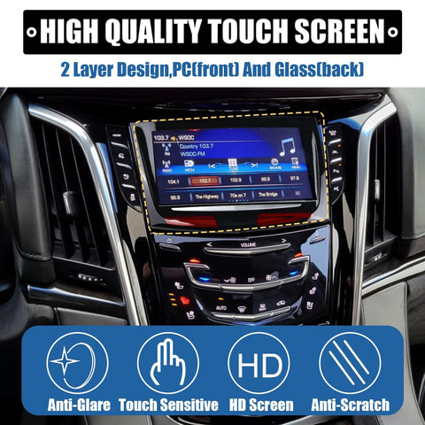 RANSOTO CUE touch screen display replacement installed in Cadillac center console; HD touchscreen
