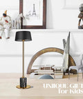 Cordless Table Lamp Set Of 2 Rechargeable Battery Operated Lamps with Matte Black Shade and Brass Stem on desk with decor
