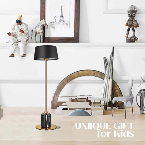 Cordless Table Lamp Set Of 2 Rechargeable Battery Operated Lamps with Matte Black Shade and Brass Stem on desk with decor