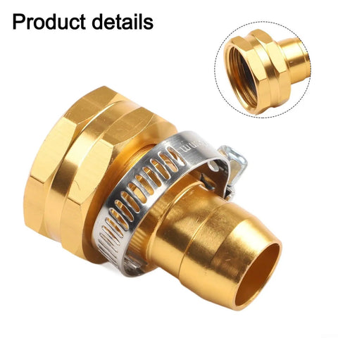 Heavy Duty Aluminum Garden Hose Mender Repair Kit With 3/4 Inch Us Thread Male Female Fitting And Stainless Steel Clamp For Sprayer Leak Fix And End Replacement No Tools Needed Just Twist And Go, gold hose connector with clamp