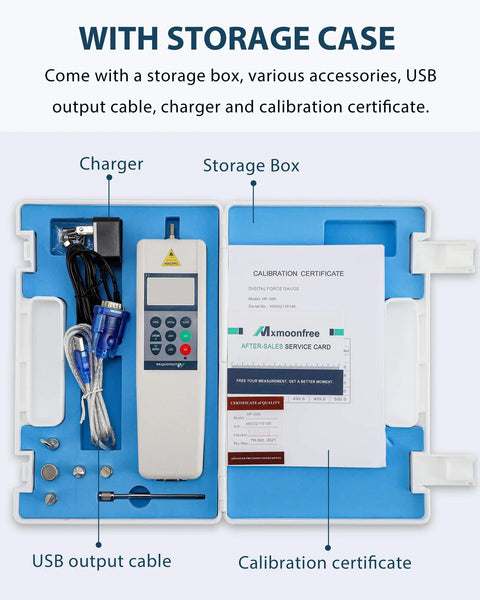 500N Digital Force Gauge Push Pull Meter With USB Output Real Time Data Streaming 999 Peak Data Storage Free Software For Easy Stats And Analysis High Precision Load Tester For Lab And Workshop Field Ready Gear, storage case with accessories