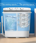 Compact Portable Twin Tub Washing Machine Including Free Clothes Drying Rack And Hangers Legit Game Changer For Small Spaces showing 11lbs wash capacity and 7lbs spin dryer.