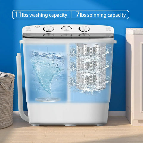 Compact Portable Twin Tub Washing Machine Including Free Clothes Drying Rack And Hangers Legit Game Changer For Small Spaces showing 11lbs wash capacity and 7lbs spin dryer.