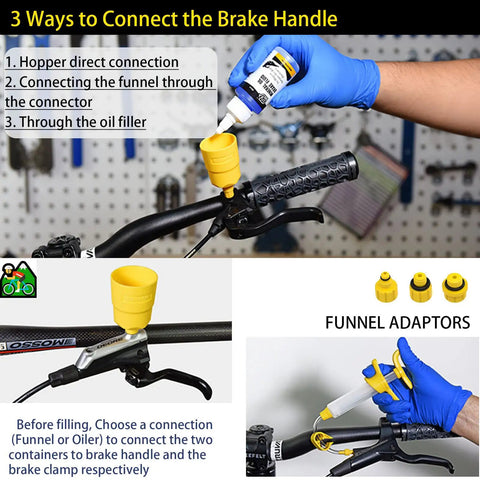 Pro Grade Bicycle Hydraulic Brake Bleed Kit With 10 Adapters demonstration on connecting brake handle with funnel adaptors
