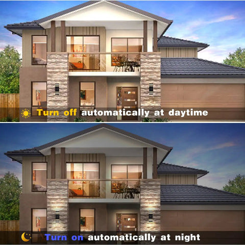Dusk To Dawn Outdoor Wall Lights 2 Pack 3000K Warm White Up And Down Porch Exterior Fixtures Waterproof display on house by day and night.