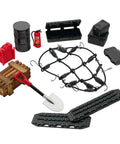 12 Piece Roof Decoration Kit For 1 By 18 TRX4M And 1 By 24 SCX24 Crawlers With Luggage Net, Recovery Boards, Fuel Tank, Tool Box, Fire Extinguisher, Shovel And Wood Crate for scale detail.