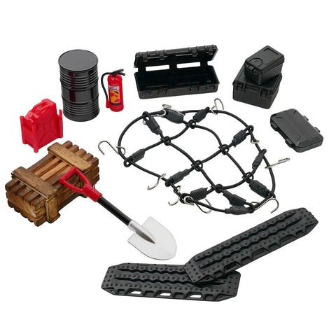 12 Piece Roof Decoration Kit For 1 By 18 TRX4M And 1 By 24 SCX24 Crawlers With Luggage Net, Recovery Boards, Fuel Tank, Tool Box, Fire Extinguisher, Shovel And Wood Crate for scale detail.
