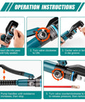 Hydraulic Crimping Tool Kit For Battery Cables And Wire Rope, showing operation instructions with 6 ton force and 9 dies.