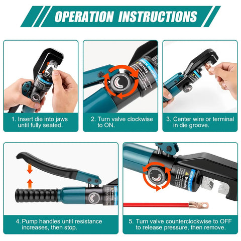 Hydraulic Crimping Tool Kit For Battery Cables And Wire Rope, showing operation instructions with 6 ton force and 9 dies.