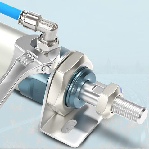 Two FLOVENTIS pneumatic male elbow fittings, 1/4 in tube OD to 1/4 in NPT, 304 stainless, push-to-connect, installed