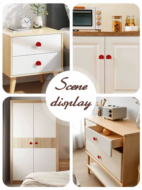 Top Tier Beech Wood Cabinet Knobs Round Drawer Pulls One Point Four Inch Abstract Graffiti Vibe Red And White Painted Furniture Hardware displayed on various furniture.