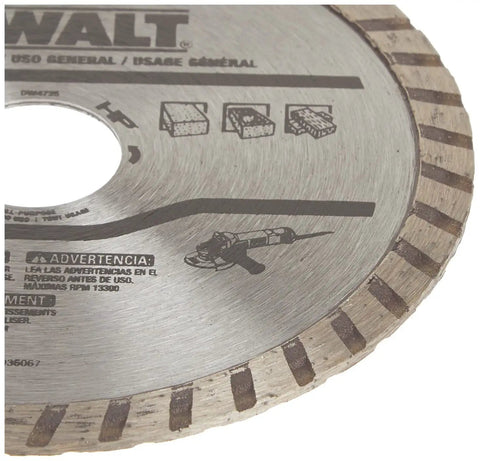 Close-up of Pro Grade Diamond Blade For Masonry Dry Cutting With Continuous Rim And Seven Eighths Inch Arbor For Four Point Five Inch Disc