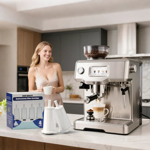 Stainless espresso machine on a kitchen counter with a 4-pack replacement water filter cartridges box and four white cartridges
