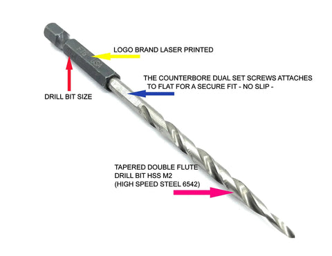 Top Shelf Depth Adjustable Countersink Drill Bit Set Measuring 11 64 Inch showing tapered double flute drill bit HSS M2.