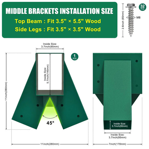 Beefed-Up Heavy-Duty A-Frame Swing Set Brackets Kit for Two 4x4 Legs and One 4x6 Beam, DIY Steel Swing Set Hardware With Mounting Hardware, Reinforced Middle Bracket Design, Green
