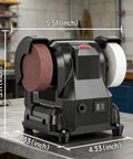 Compact Dual Power Mini Bench Grinder Workhorse for jewelry polishing shown with dimensions on workbench.