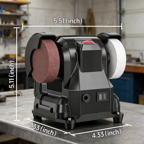 Compact Dual Power Mini Bench Grinder Workhorse for jewelry polishing shown with dimensions on workbench.
