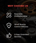 Infographic highlighting reasons to choose the product: Exquisite Craftsmanship, Strict Quality Control, 2-Year Service