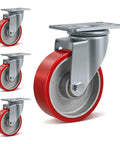 Front view of Beefy 4 Inch Heavy Duty Caster Set Of 4 With Cast Iron Core And Polyurethane Tread Swivel Wheels 1800 Lb Capacity