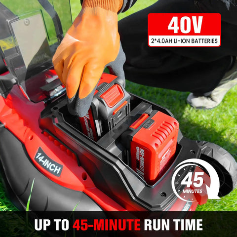 Person inserting batteries into Cordless 40V Lawn Mower With Dual 4.0Ah Batteries, 14 Inch Push Mower, showing battery compartment.