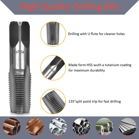 Professional NPT Pipe Tap Set 5 Piece Pro-Grade Carbon Steel with Thread-Forming Taps and Drill Bits showcasing high-speed steel tap.