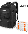 Go To Fishing Tackle Backpack With Rod Holder And 4 Tackle Boxes, 40L capacity, black, durable 600D Oxford material, dimensions shown