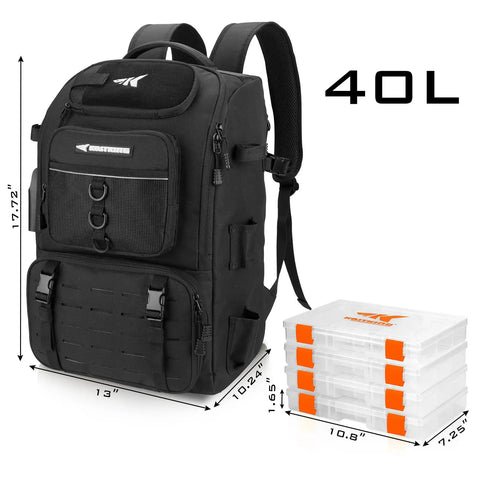 Go To Fishing Tackle Backpack With Rod Holder And 4 Tackle Boxes, 40L capacity, black, durable 600D Oxford material, dimensions shown